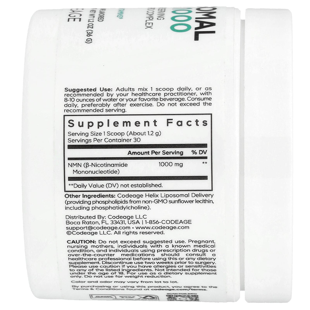 Codeage, Liposomal NMN 1000 Powder, Unflavored, 1.2 oz (36 g)
