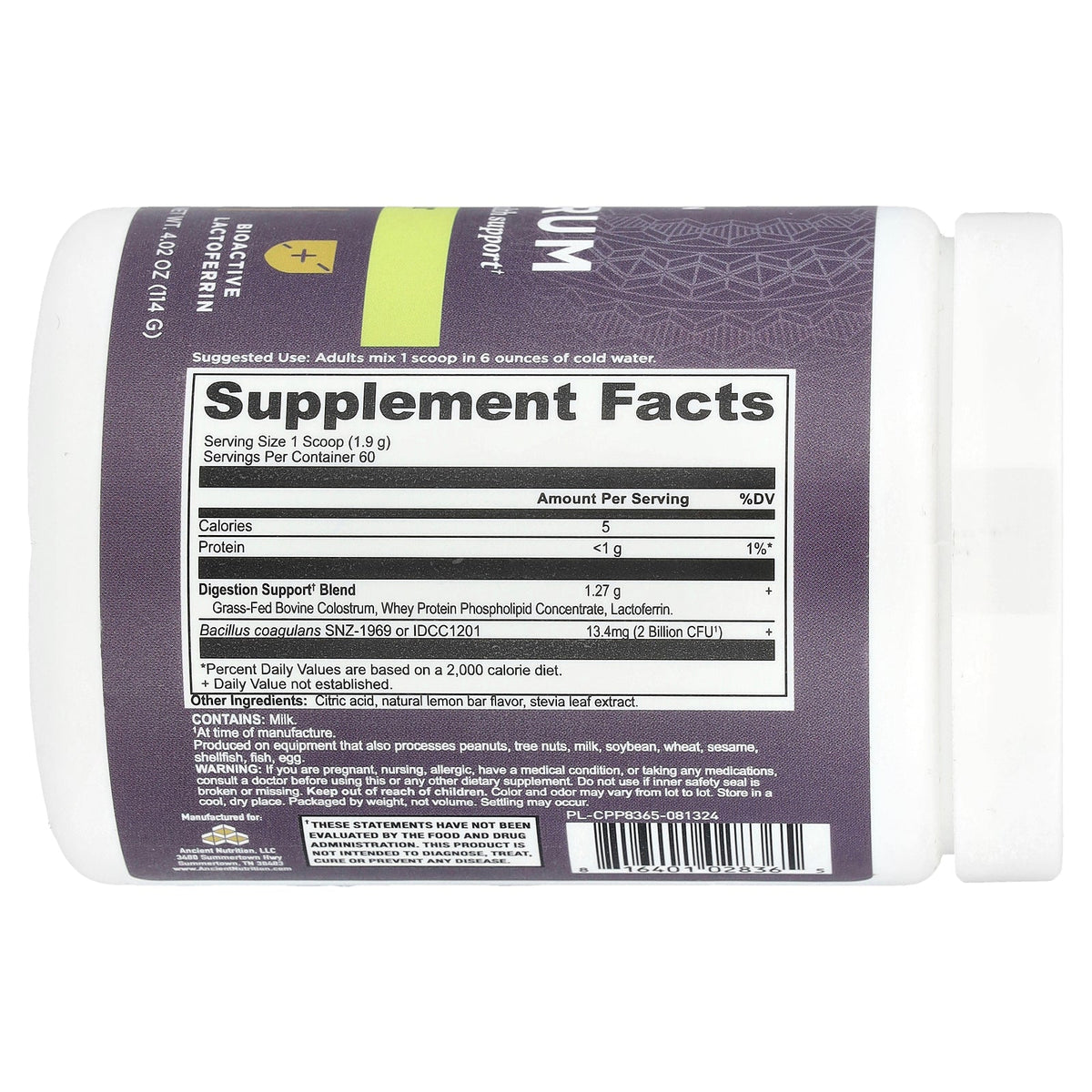 Ancient Nutrition, Colostrum, Lemon Bar, 4.02 oz (114 g)