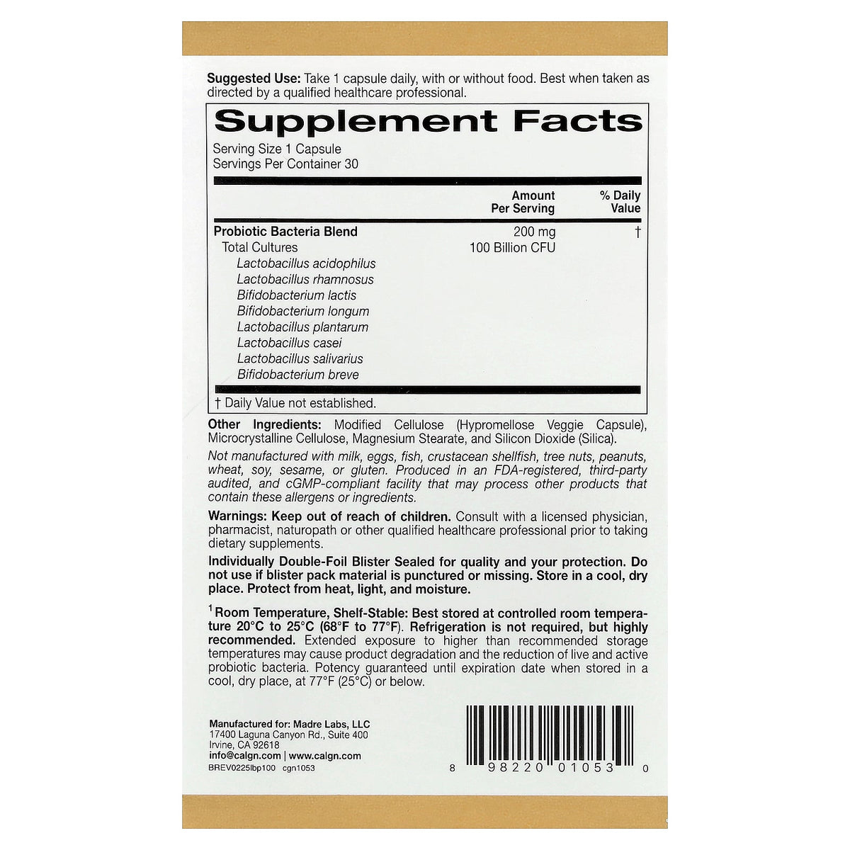 California Gold Nutrition, LactoBif® 100 Probiotics, 100 Billion CFU, 30 Veggie Capsules