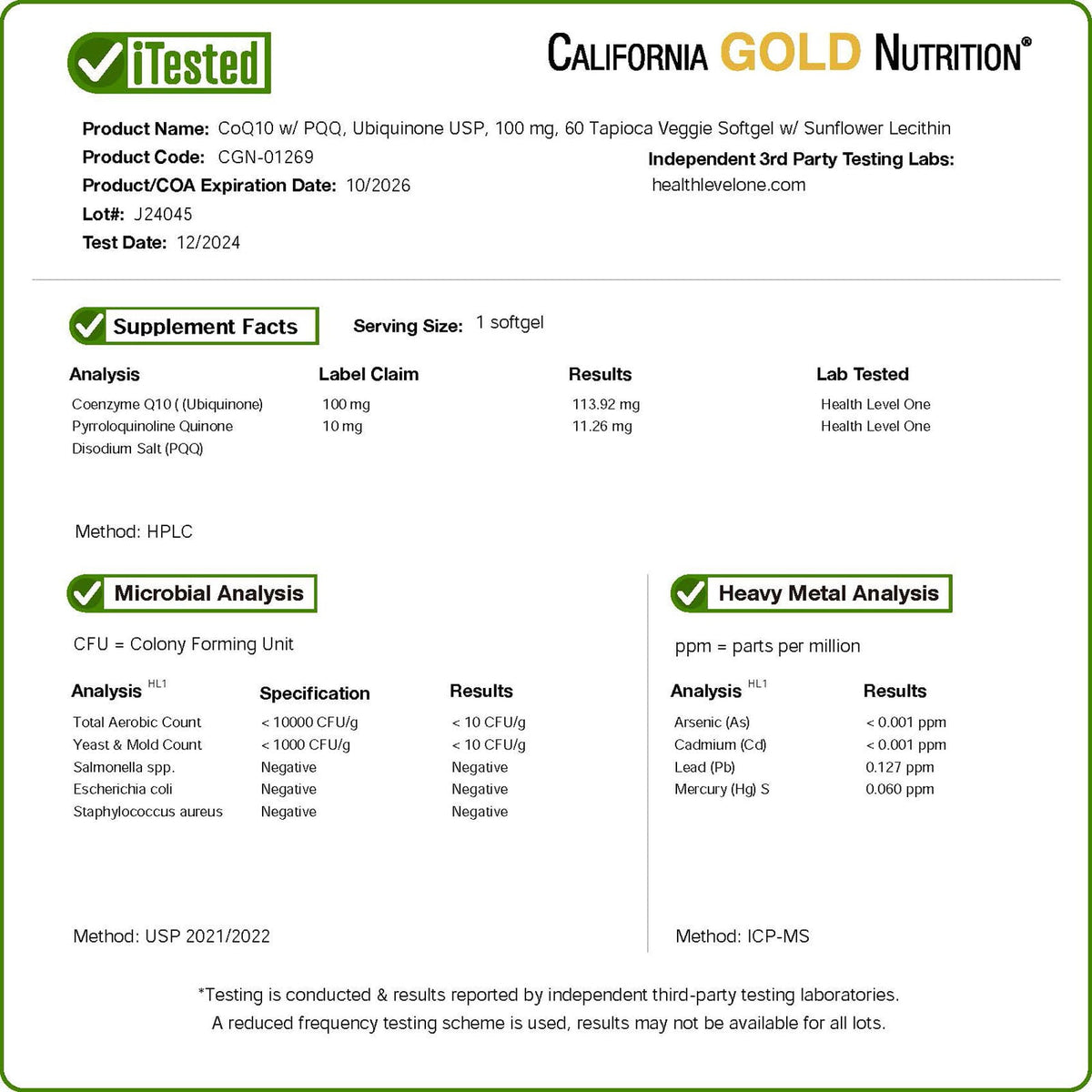 California Gold Nutrition, CoQ10 with PQQ, Ubiquinone USP, Tapioca Veggie Softgel with Sunflower Lecithin, 60 Veggie Softgel