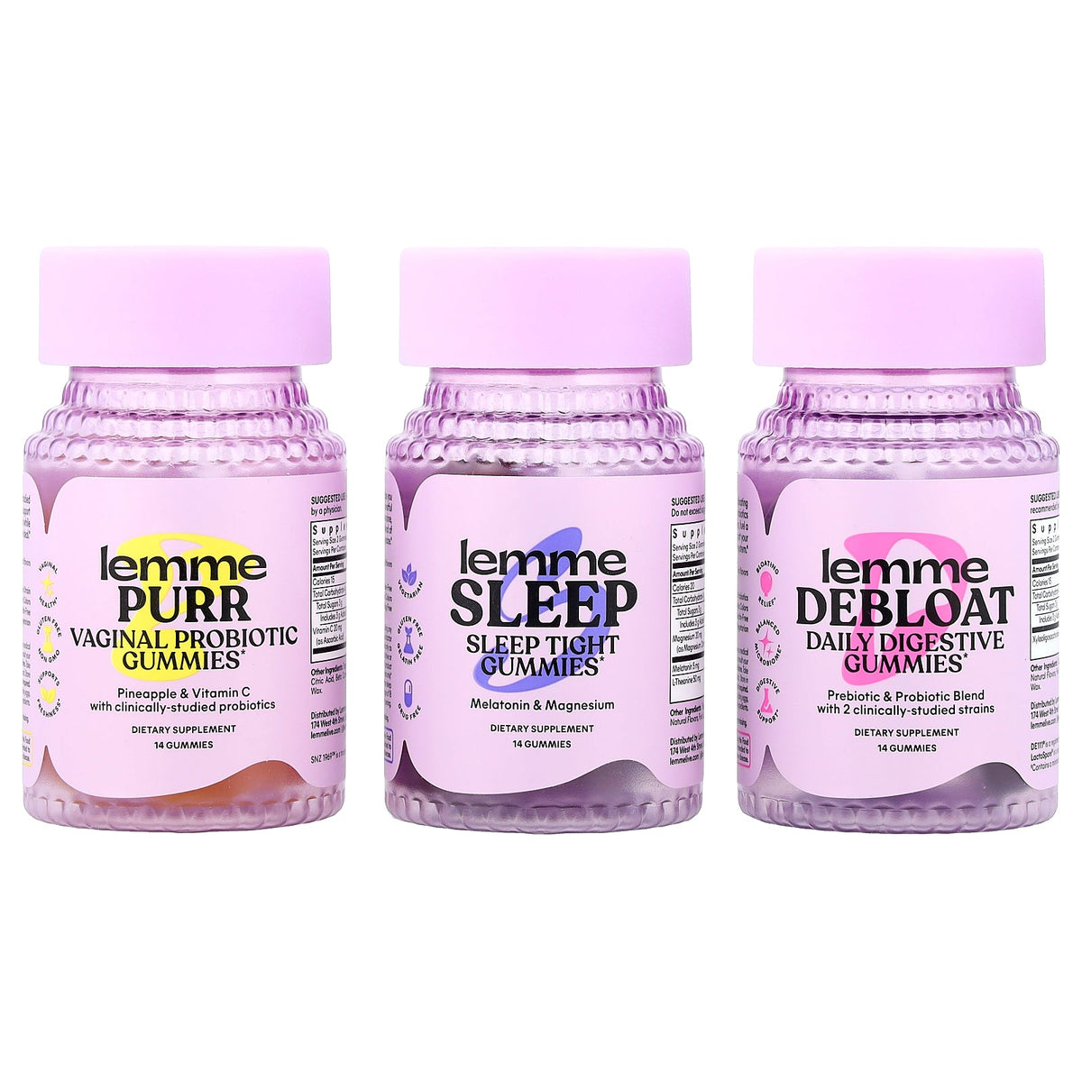 Lemme, Holiday Essentials Gummies, Purr, Debloat, Sleep, 3 Bottles, 14 Gummies Each