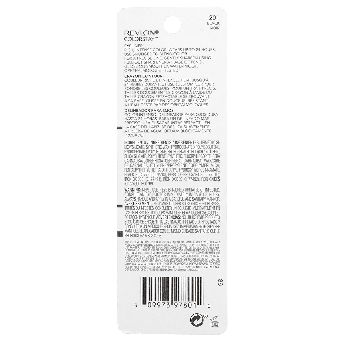 Revlon, Colorstay™, Eyeliner Pencil, 201 Black, 0.01 oz (0.28 g)