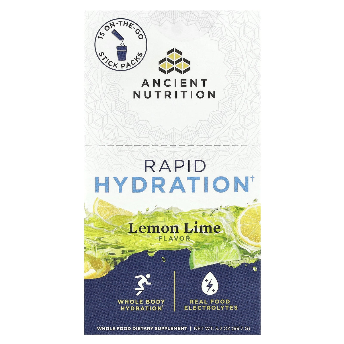 Ancient Nutrition, Rapid Hydration, Lemon Lime, 15 On-The-Go Stick Packs, 0.2 oz (6 g) Each
