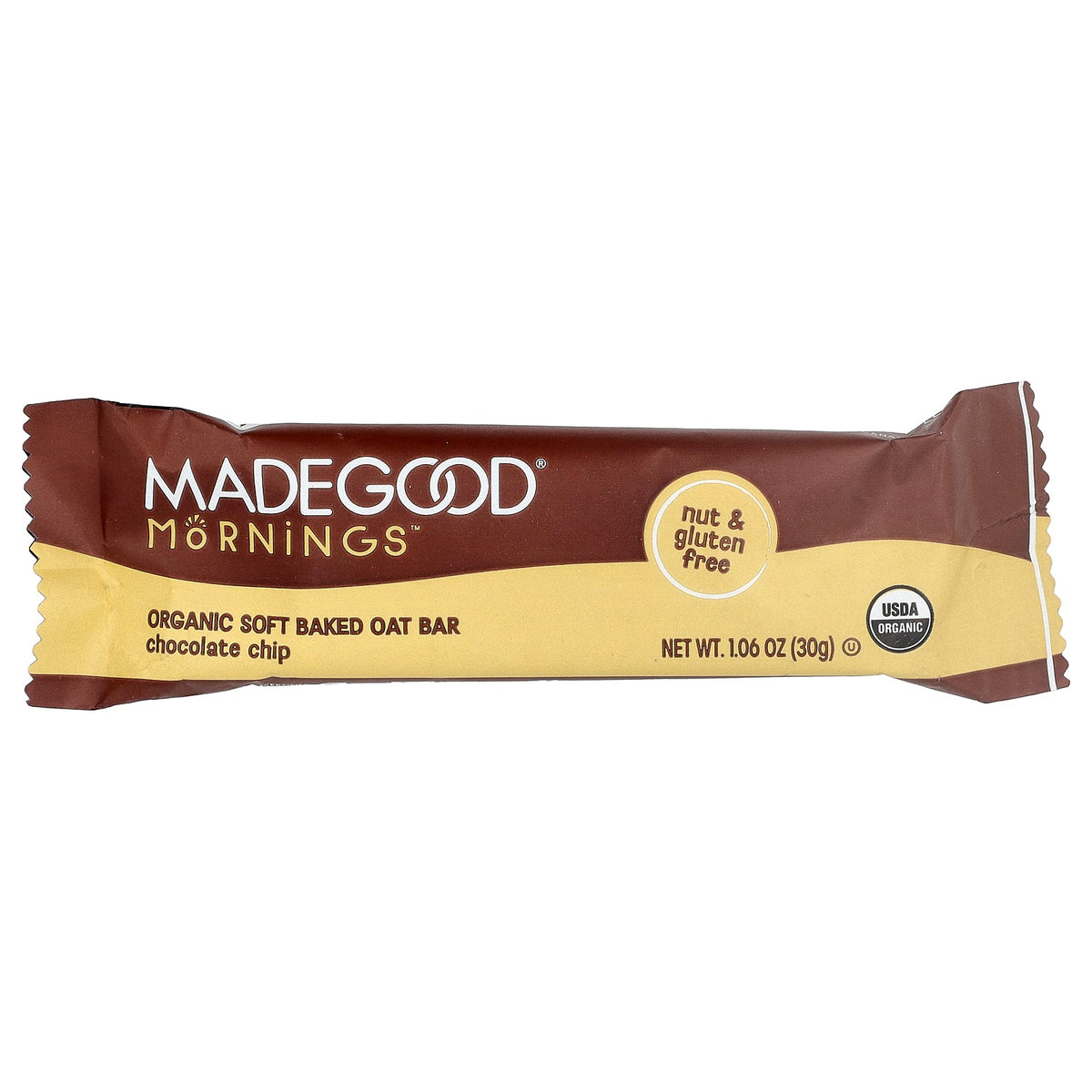 MadeGood, Mornings™, Organic Soft Baked Oat Bars, Chocolate Chip, 5 Bars, 1.06 oz (30 g) Each
