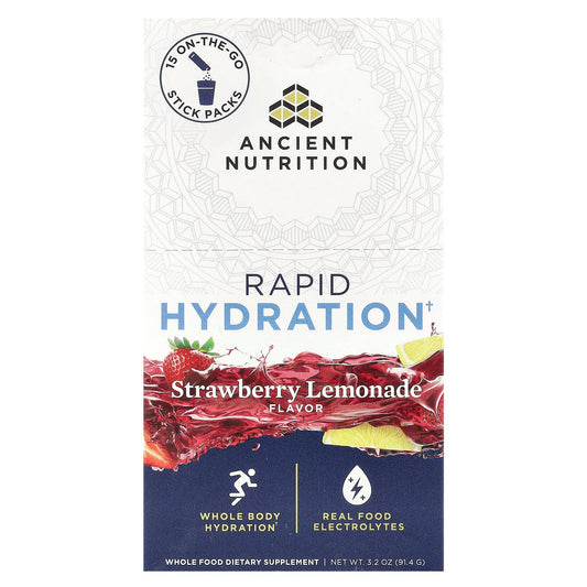 Ancient Nutrition, Rapid Hydration, Strawberry Lemonade, 15 On-The-Go Stick Packs, 0.2 oz (6.1 g) Each