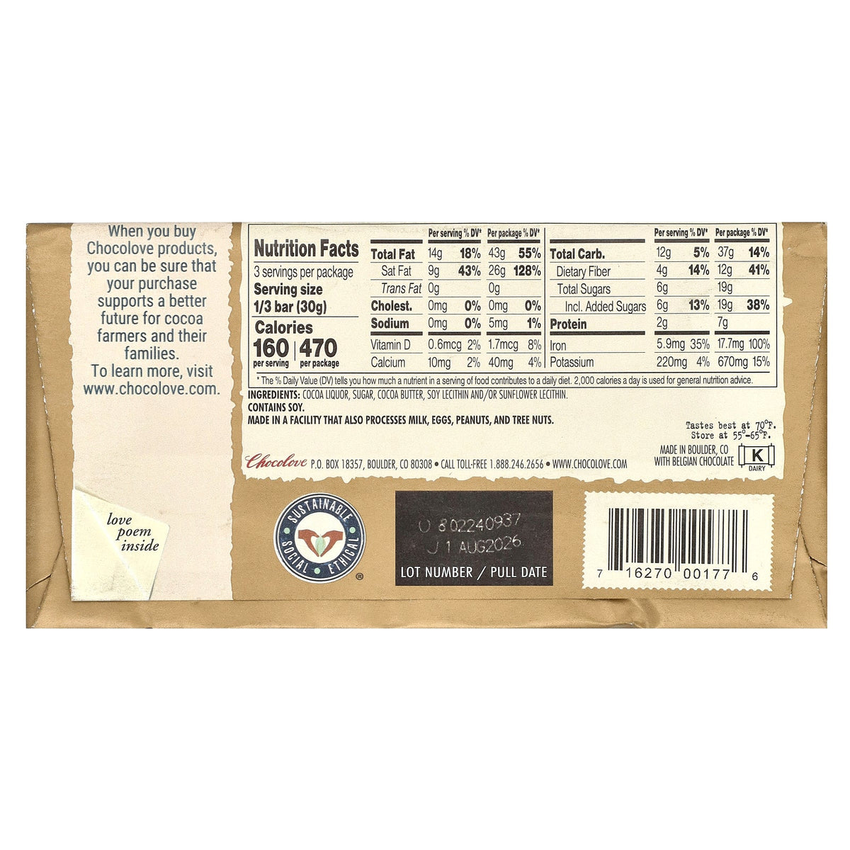 Chocolove, Extra Strong Dark Chocolate, 77% Cocoa, 3.2 oz (90 g)