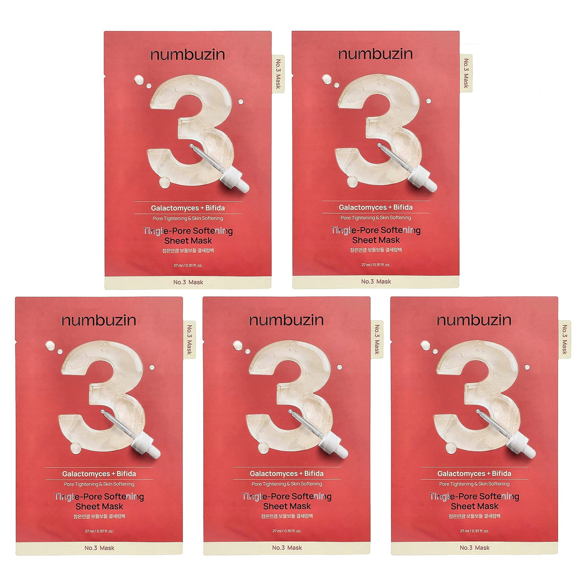 Numbuzin, No.3 Tingle-Pore Softening Beauty Sheet Mask, 5 Sheets, 0.91 fl oz (27 ml) Each