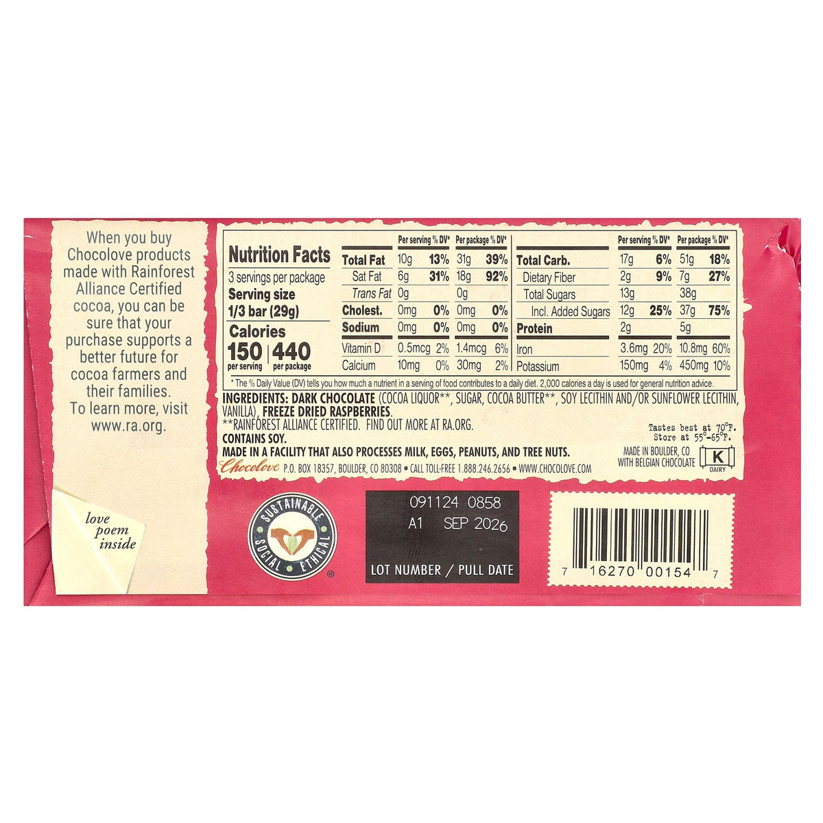 Chocolove, Raspberries in Dark Chocolate, 55% Cocoa, 3.1 oz (88 g)