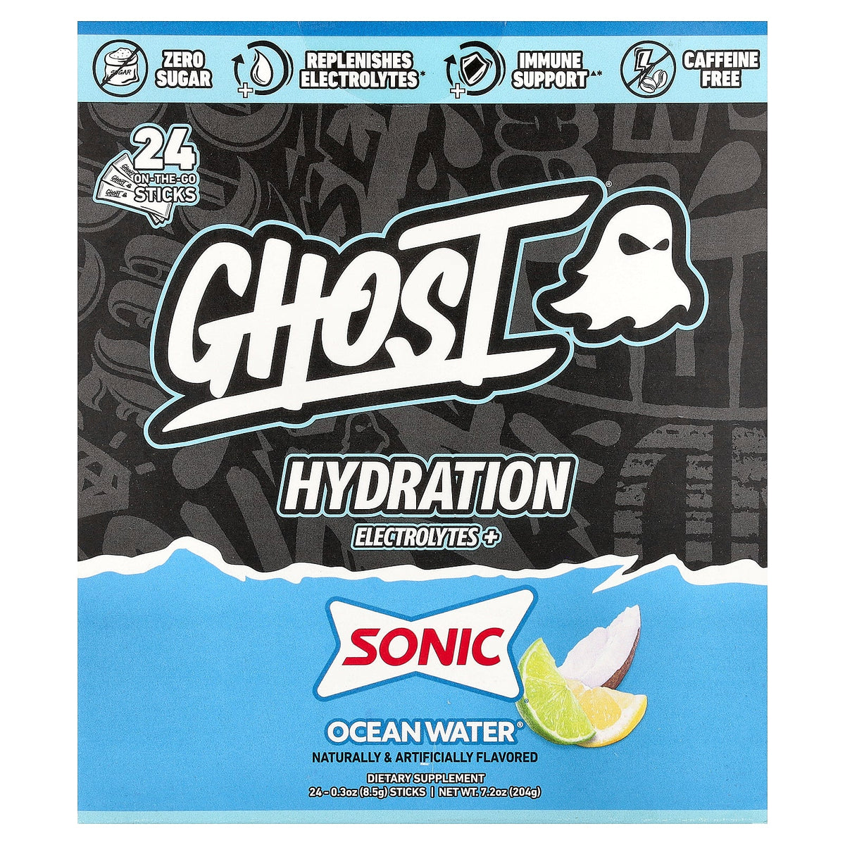 Ghost, Hydration Electrolytes+, Sonic® Ocean Water®, 24 On-The-Go Sticks, 0.3 oz (8.5 g) Each