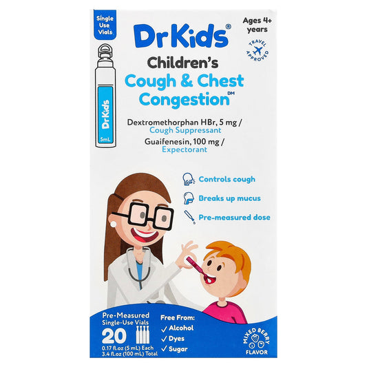 DrKids, Children's Cough & Chest Congestion, Ages 4+ Years, Mix Berry, 20 Single-Use Vials, 0.17 fl oz (5 ml) Each
