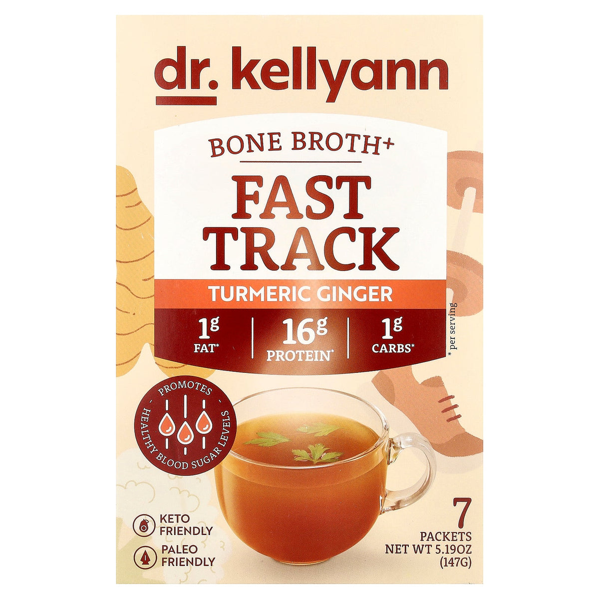 Dr. Kellyann, Bone Broth+, Fast Track, Turmeric Ginger, 7 Packets, 0.74 oz (21 g) Each