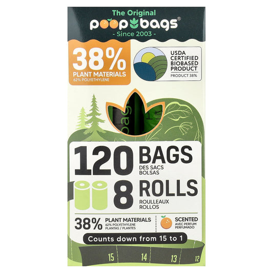 Original Poop Bags, Orange, 8 Rolls, 15 Bags Each