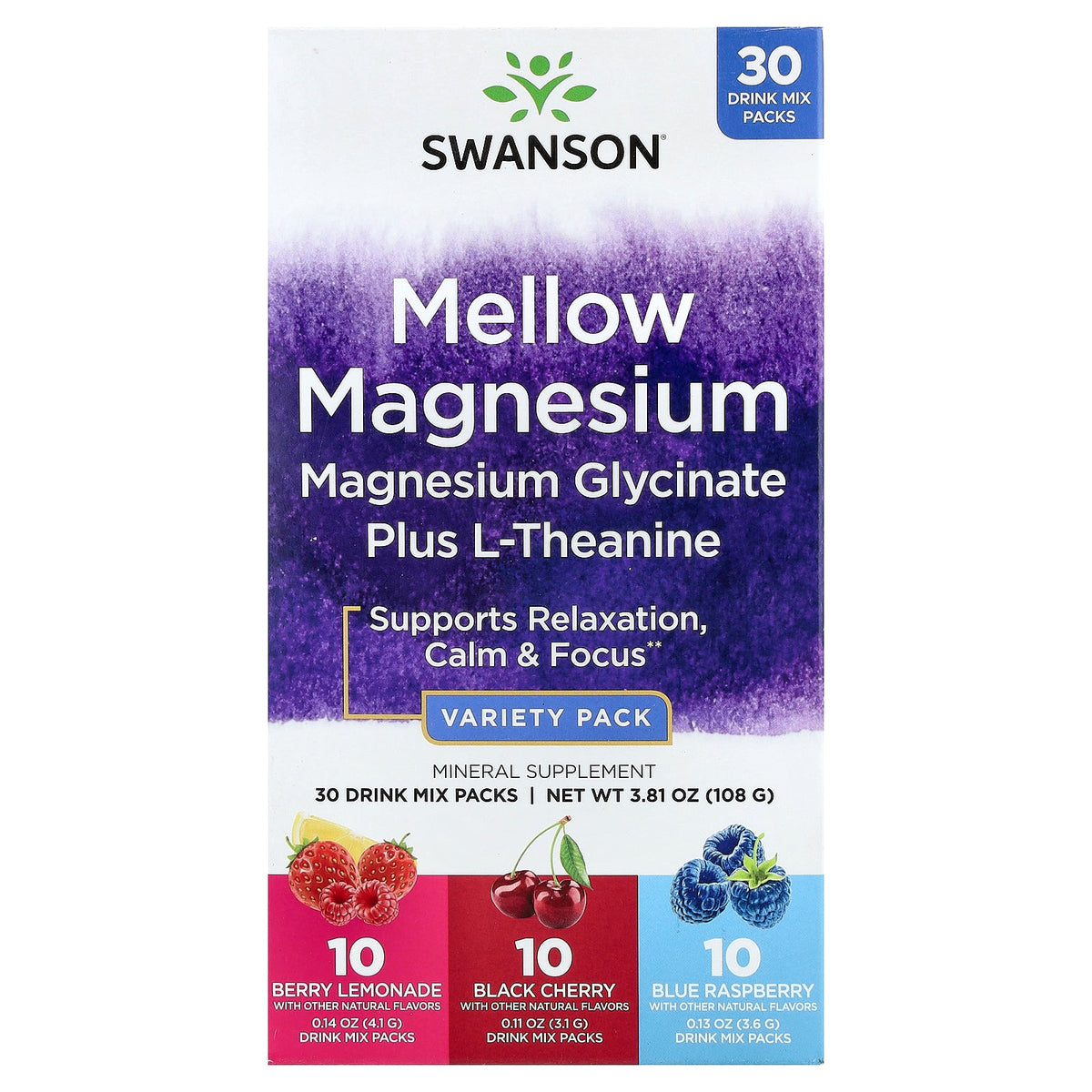Swanson Vitamins, Mellow Magnesium  Drink Mix, Variety Pack, 30 Stick Packs