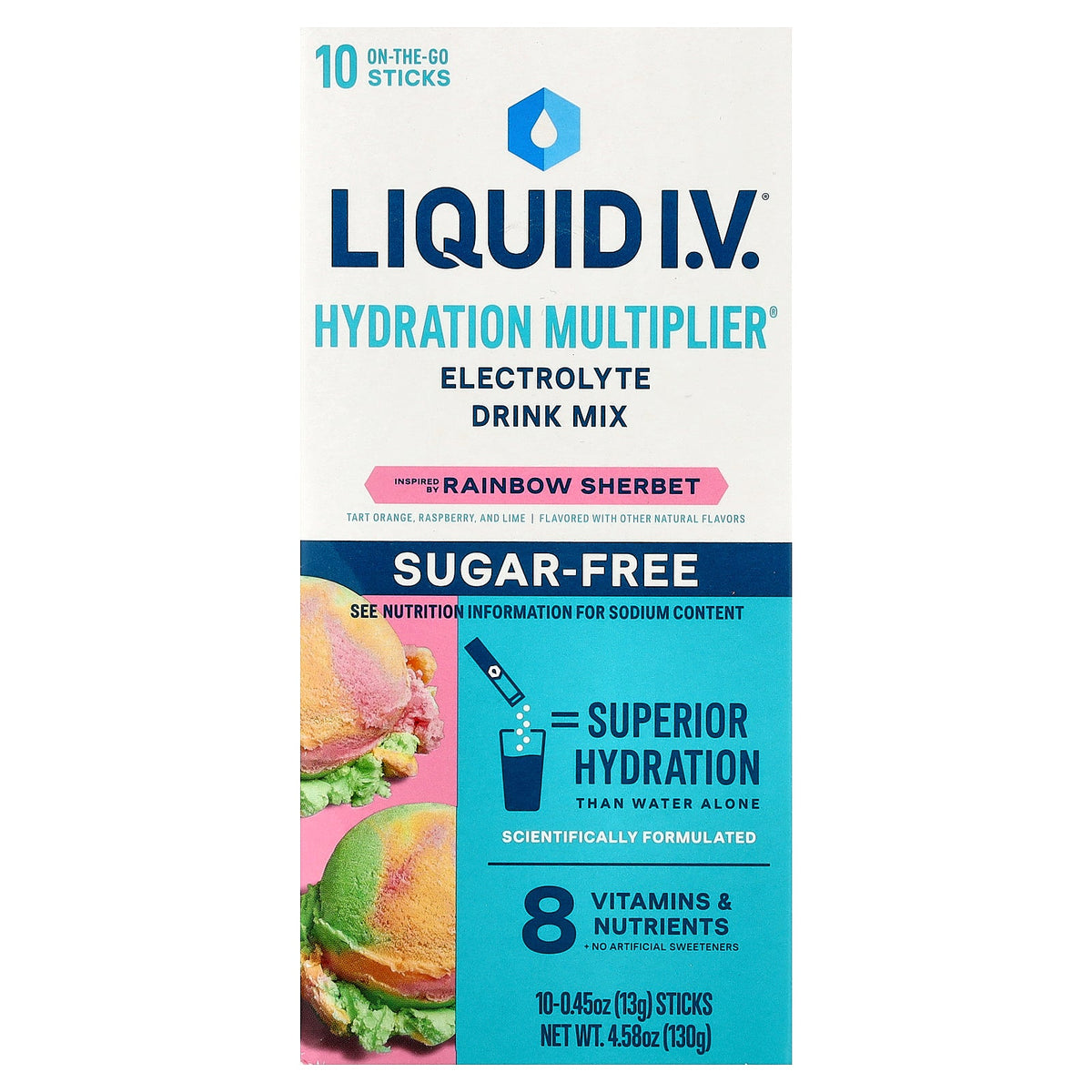 Liquid I.V., Hydration Multiplier®, Electrolyte Drink Mix, Rainbow Sherbet, Sugar Free, 10 Sticks, 0.45 oz (13 g) Each
