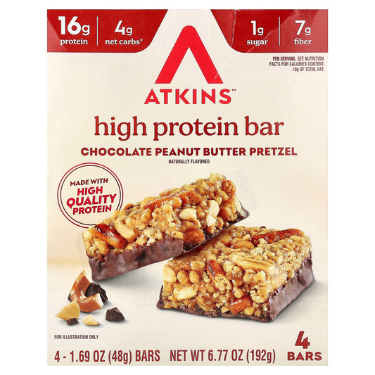 Atkins, High Protein Bar, Chocolate Peanut Butter Pretzel, 4 Bars, 1.69 oz (48 g) Each