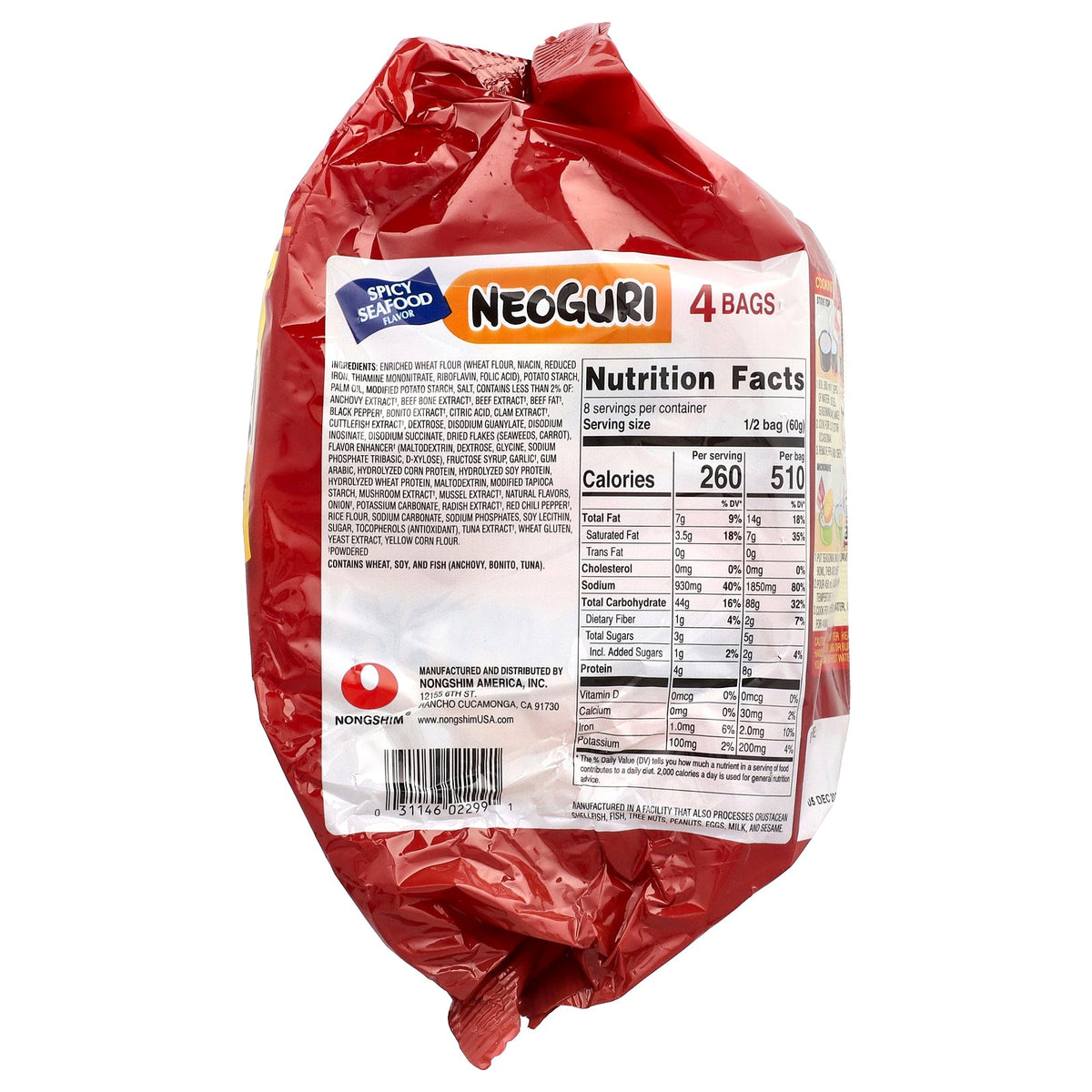 Nongshim, Neoguri, Udon Type Noodles, Spicy Seafood, 4 Bags, 4.23 oz (120 g) Each