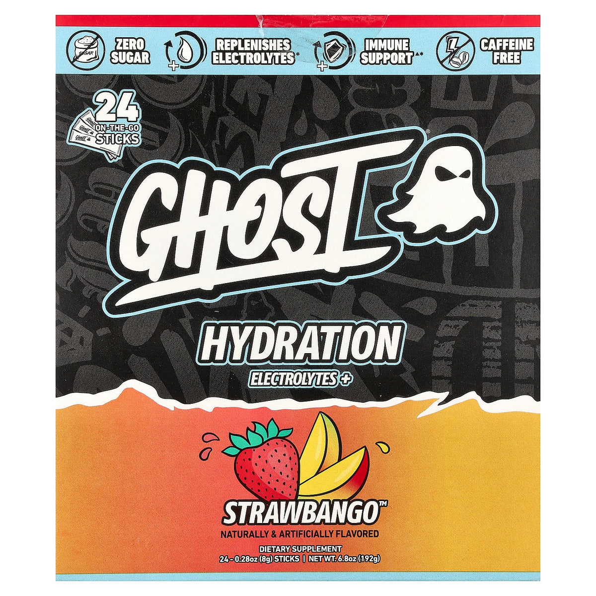 Ghost, Hydration Electrolytes+, Strawbango™, 24 On-The-Go Sticks, 0.28 oz (8 g) Each