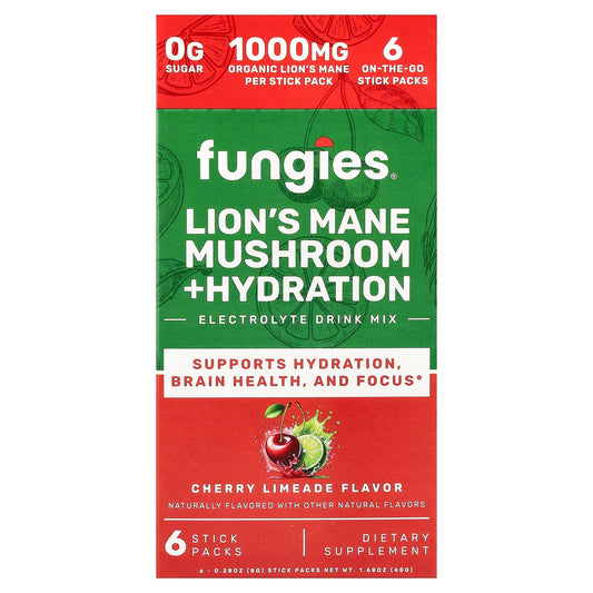 Fungies, Lion's Mane Mushroom + Hydration, Electrolyte Drink Mix, Cherry Limeade, 6 Stick Packs, 0.28 oz (8 g) Each