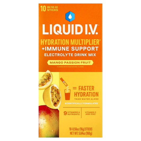 Liquid I.V., Hydration Multiplier® + Immune Support, Electrolyte Drink Mix, Mango Passion Fruit, 10 Sticks, 0.56 oz (16 g) Each