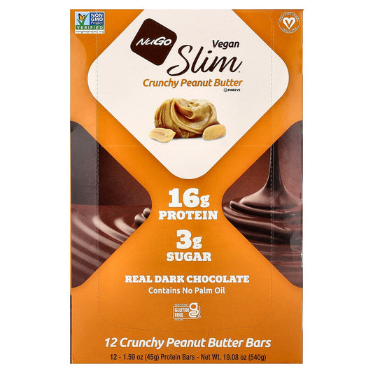 NuGo Nutrition, Slim®, Vegan Protein Bars, Crunchy Peanut Butter, 12 Bars, 1.59 oz (45 g) Each