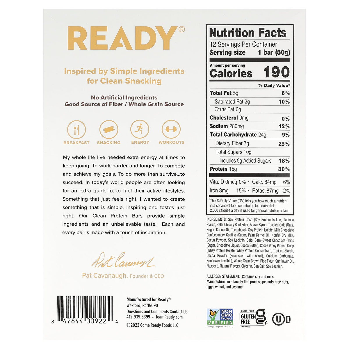 Ready, Clean Protein Bar, Chocolate Chip, 12 Bars, 1.76 oz (50 g) Each