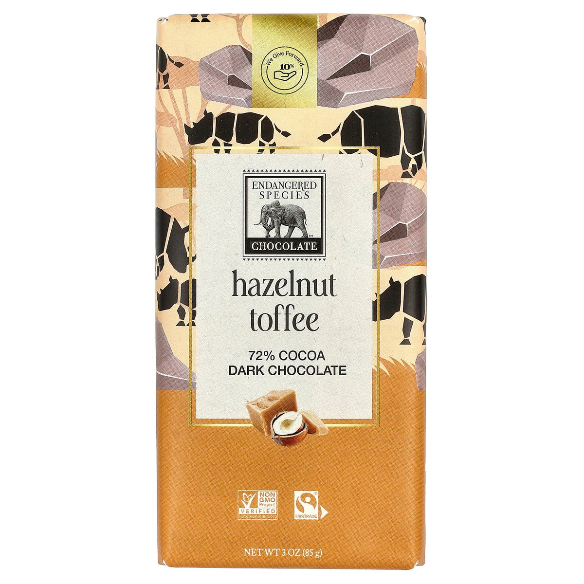 Endangered Species Chocolate, Hazelnut Toffee + Dark Chocolate, 72% Cocoa, 3 oz (85 g)