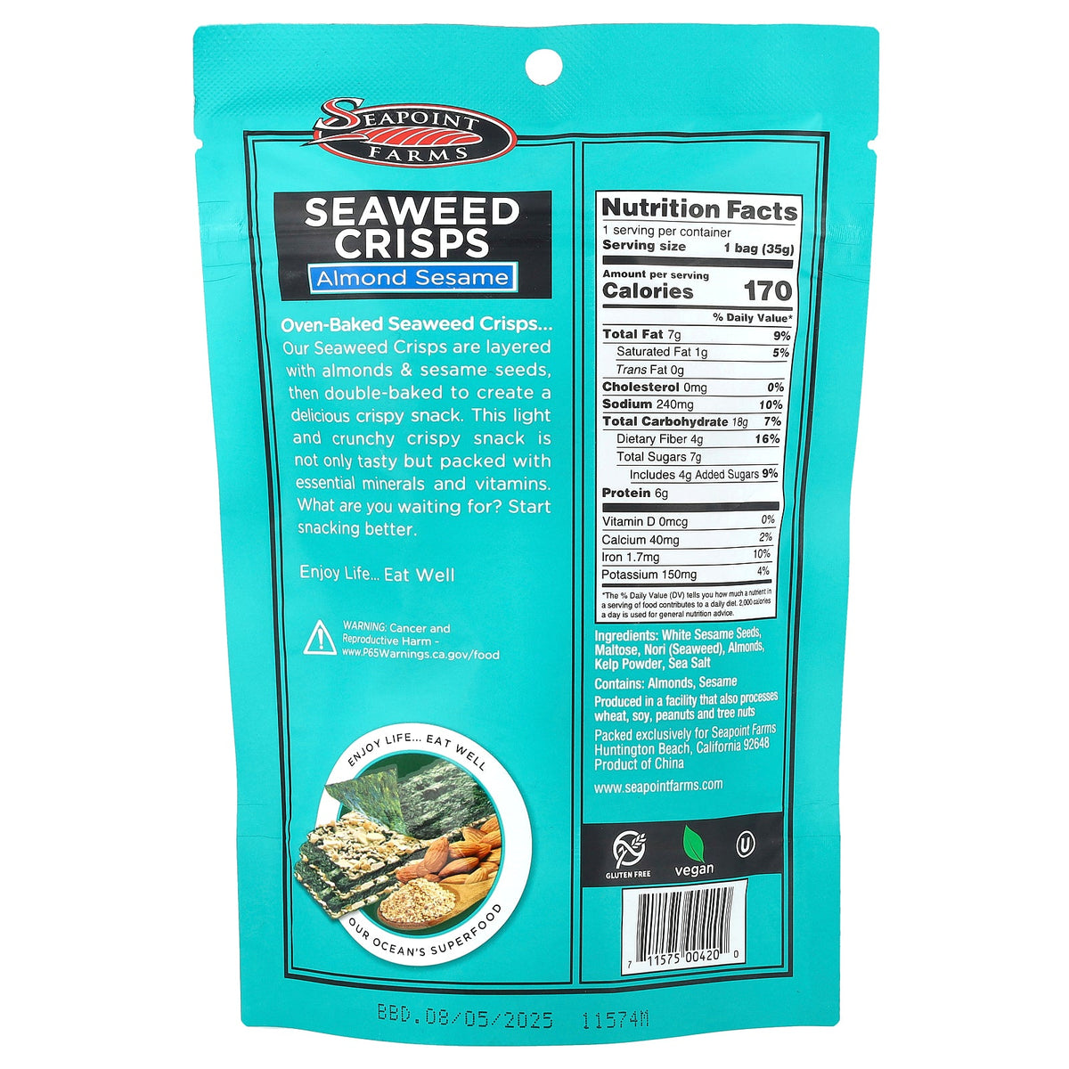 Seapoint Farms, Seaweed Crisps, Almond Sesame, 1.2 oz (35 g)