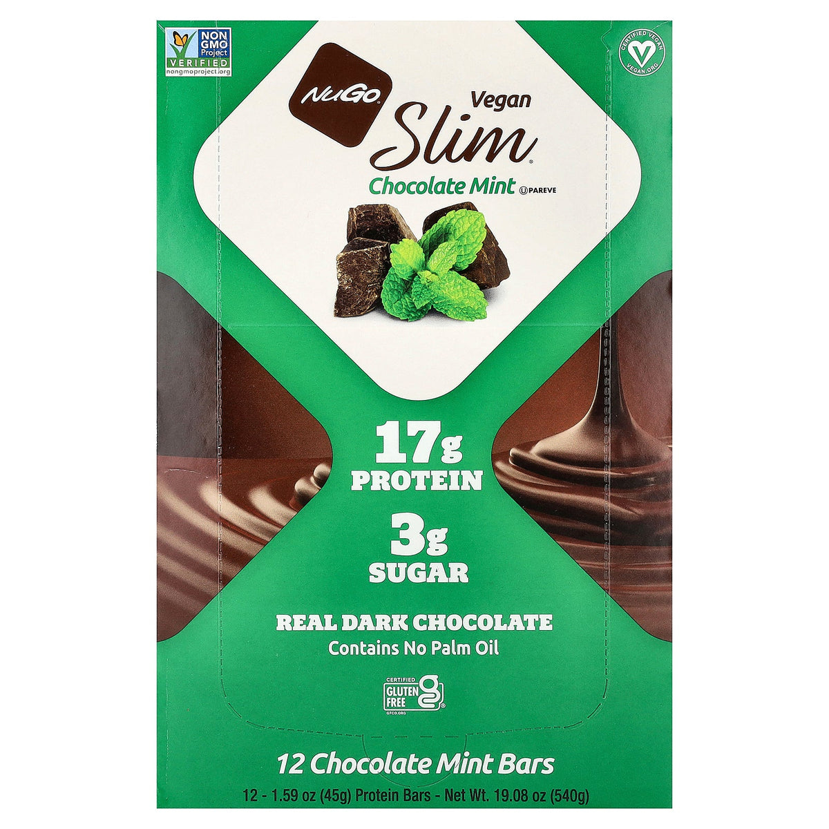 NuGo Nutrition, Slim®, Vegan Protein Bars, Chocolate Mint, 12 Bars, 1.59 oz (45 g) Each