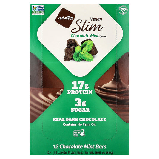 NuGo Nutrition, Slim®, Vegan Protein Bars, Chocolate Mint, 12 Bars, 1.59 oz (45 g) Each