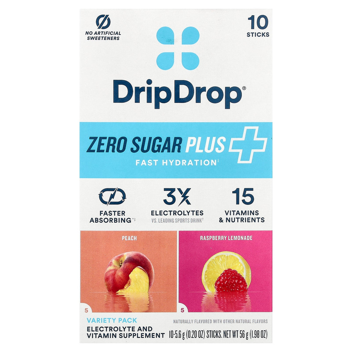 DripDrop, Electrolyte and Vitamin Drink Mix, Zero Sugar Plus+, Variety Pack, 10 Sticks, 0.20 oz (5.6 g) Each
