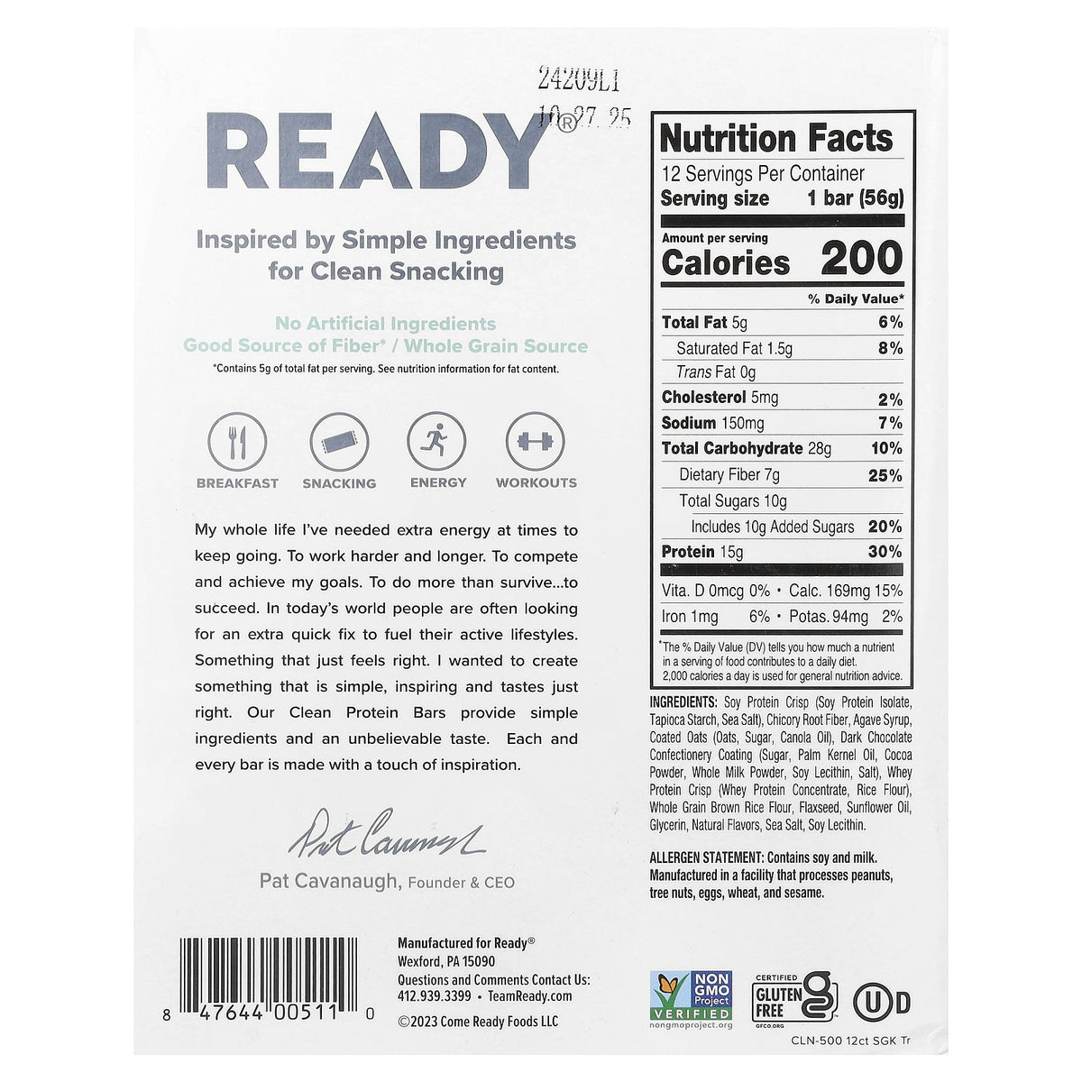 Ready, Clean Protein Bar, Dark Chocolate Sea Salt, 12 Bars, 1.98 oz (56 g) Each