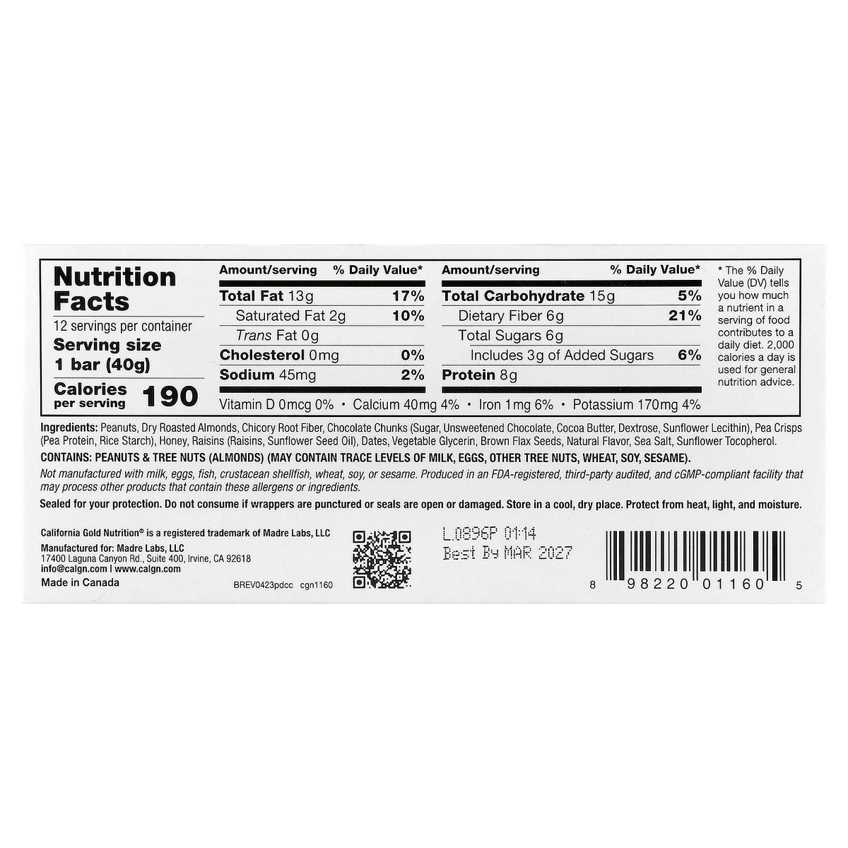 California Gold Nutrition, Foods, Peanut & Dark Chocolate Chunk Bars with Dry Roasted Almonds, Chicory Root Fiber, Pea Crisps and Honey, 12 Bars, 1.4 oz (40 g) Each