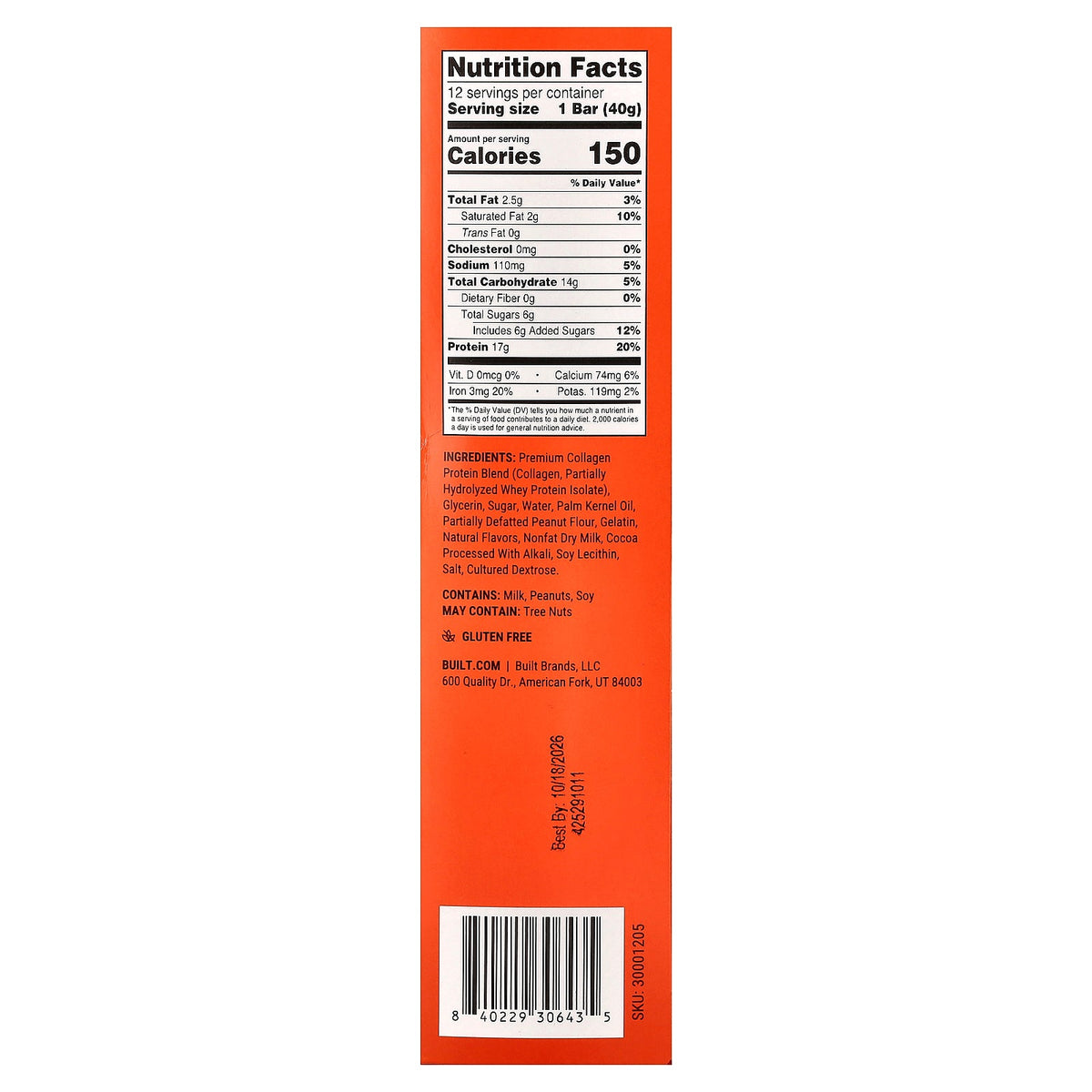 Built, Puff, Protein Bars, Peanut Butter Cup, 12 Bars, 1.41 oz (40 g) Each