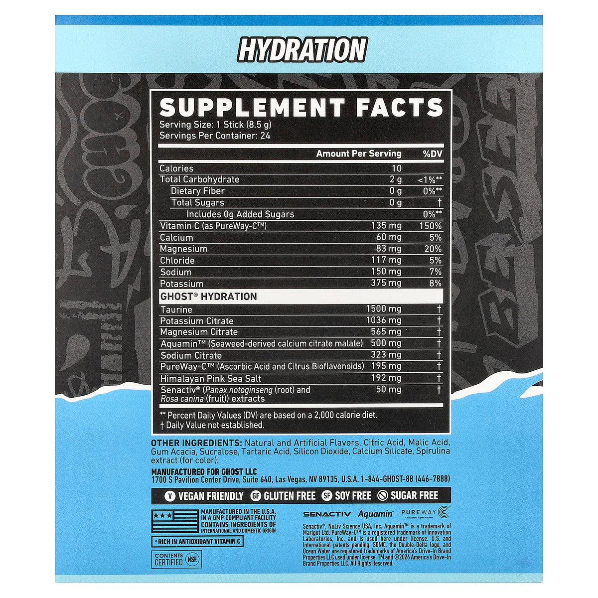 Ghost, Hydration Electrolytes+, Sonic® Ocean Water®, 24 On-The-Go Sticks, 0.3 oz (8.5 g) Each