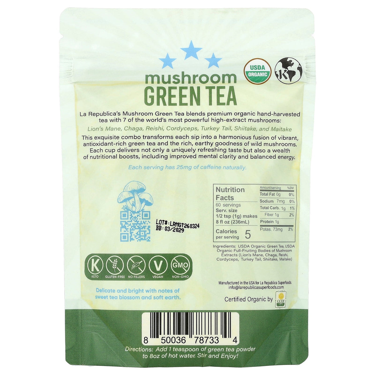 La Republica, Organic Mushroom Green Tea, 2.12 oz (60 g)