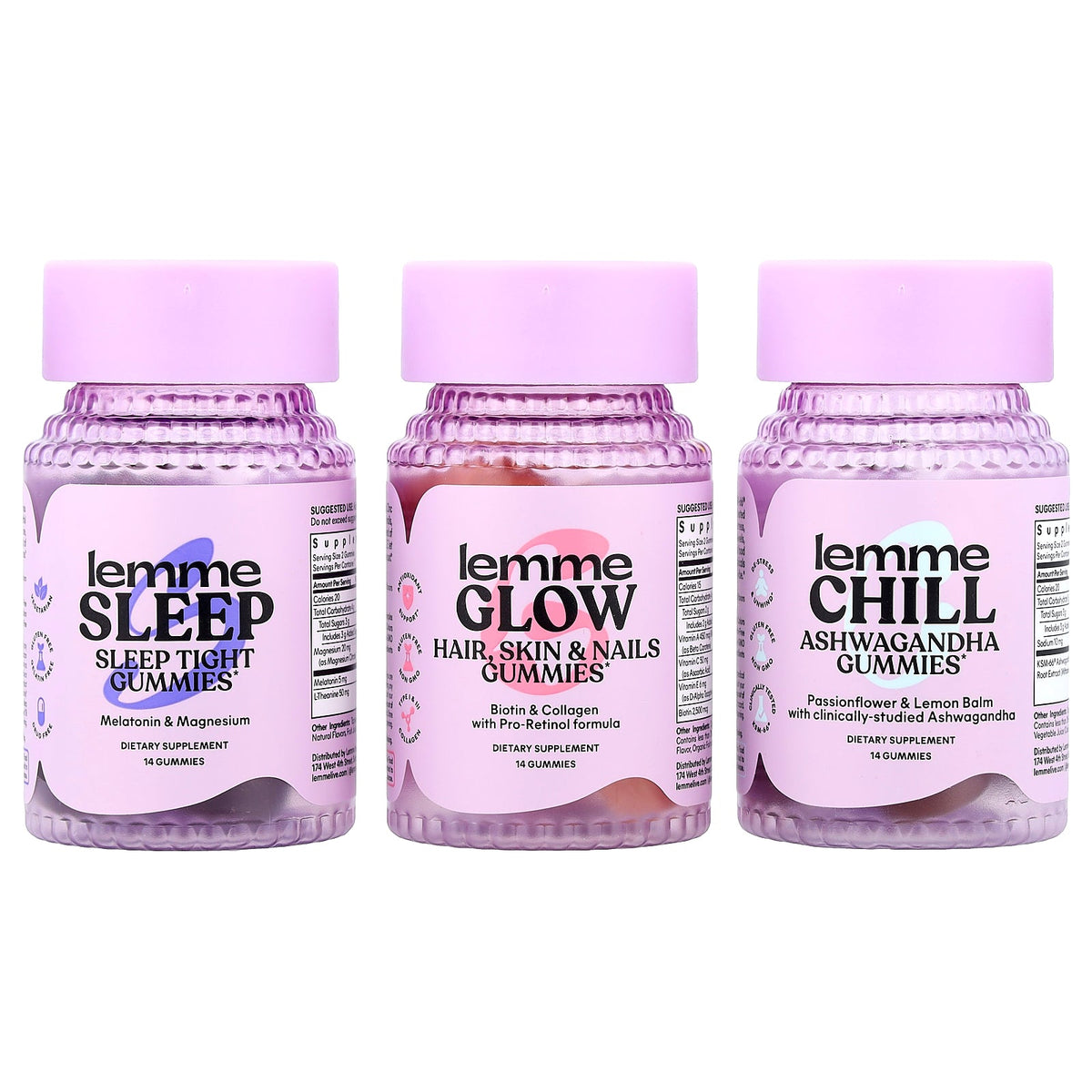 Lemme, Holiday Glow Up Gummies, Sleep, Glow, Chill, 3 Bottles, 14 Gummies Each