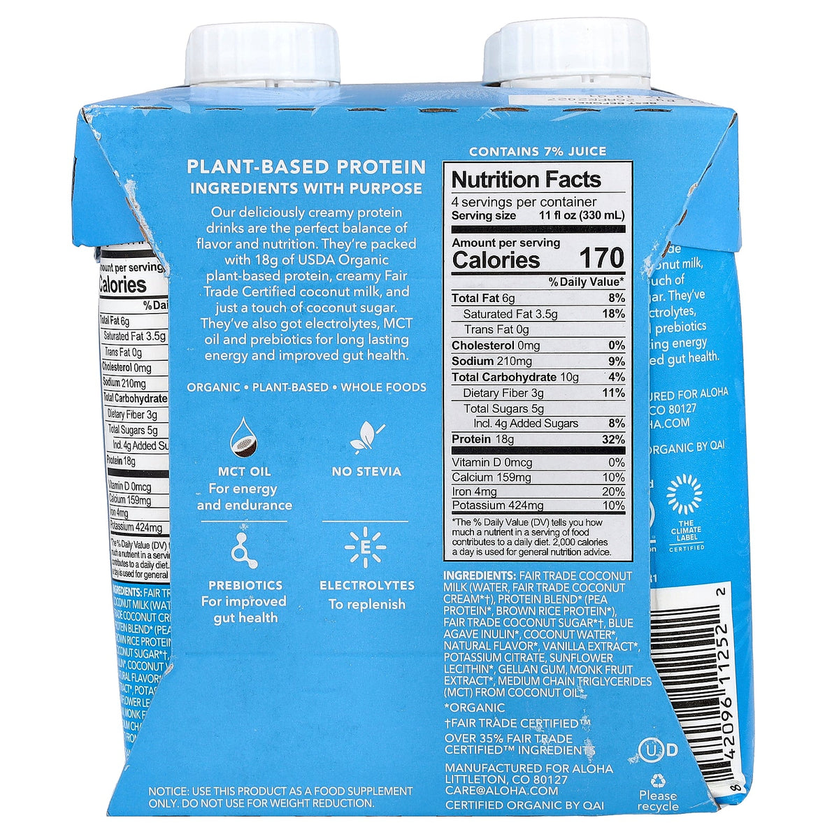 Aloha, Organic Protein Drinks, Vanilla, 4 Cartons, 11 fl oz (330 ml) Each