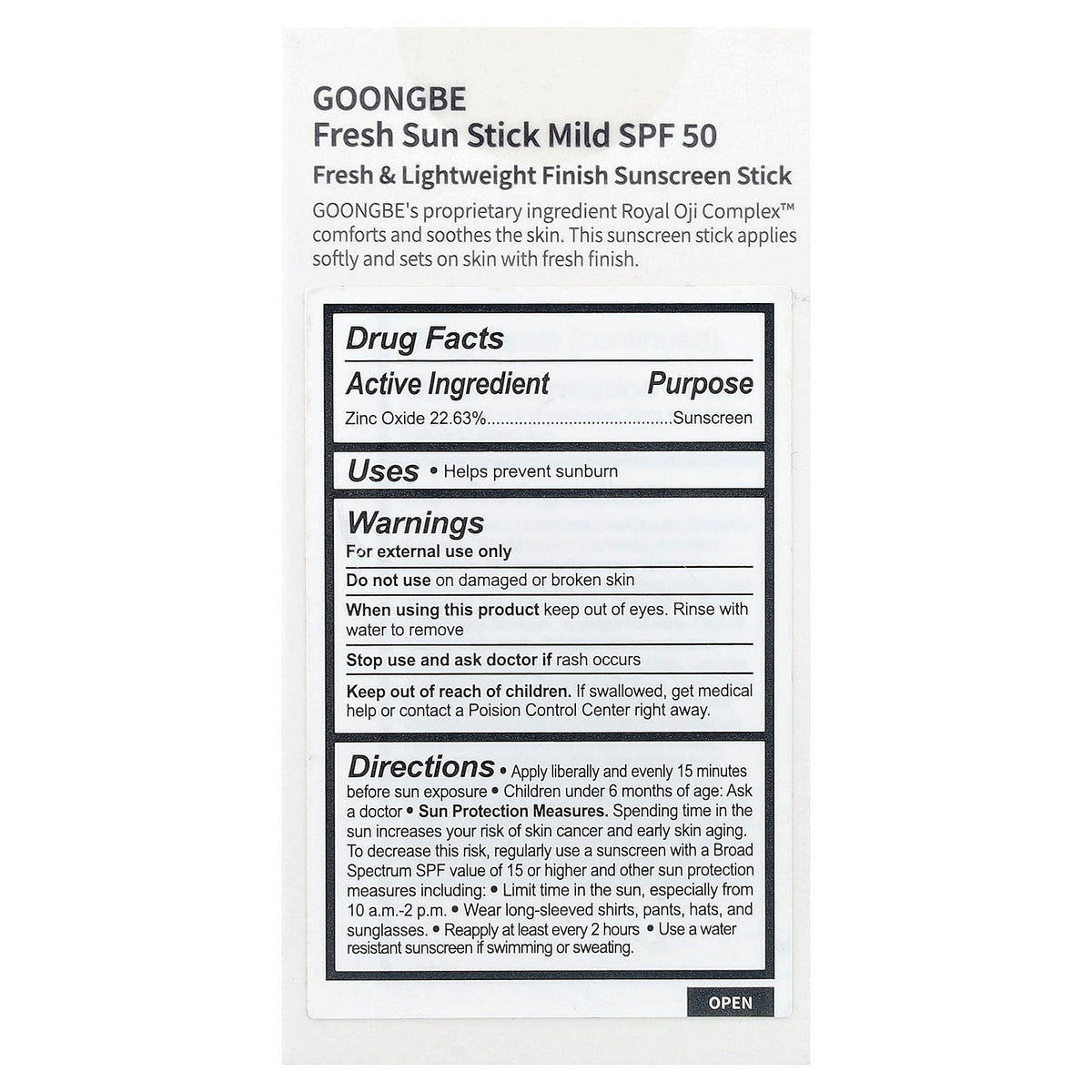 Goongbe, Fresh Sun Stick Sunscreen, Mild, SPF 50, 0.81 oz (23 g)