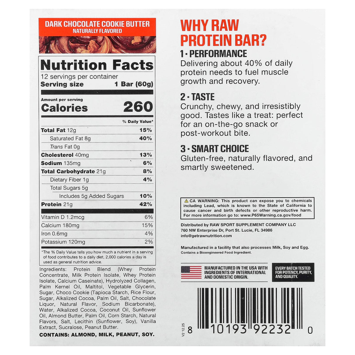 Raw Nutrition, Protein Bar, Dark Chocolate Cookie Butter, 12 Bars, 2.11 oz (60 g) Each