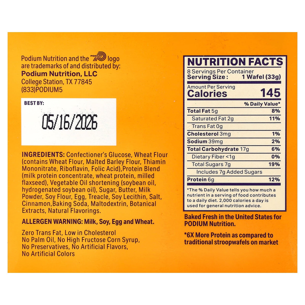 Podium Nutrition, Protein Stroopwafel, Original, 8 Wafels, 1.16 oz (33 g) Each