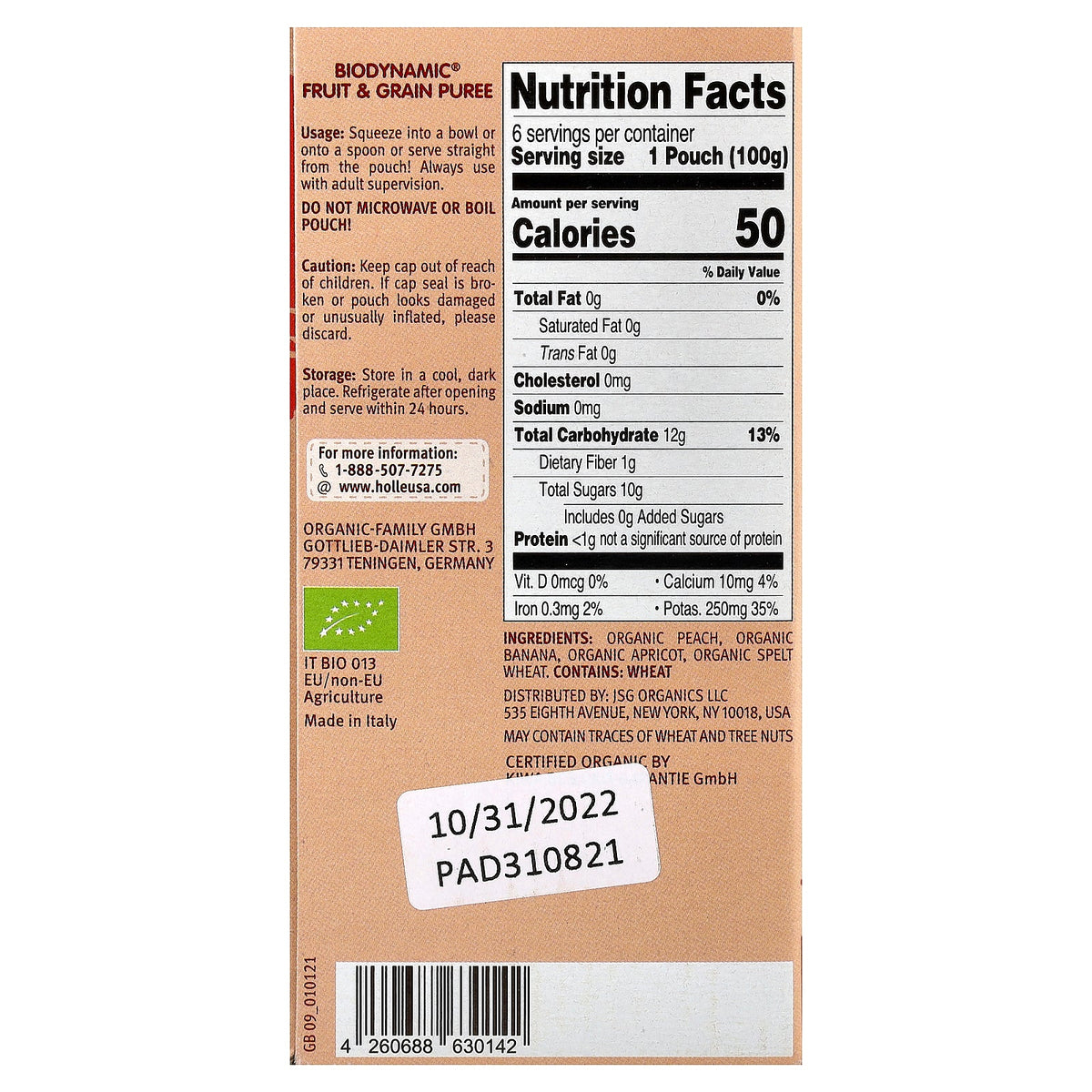 Holle, Organic Fruit & Grain Puree, Panda Peach, 8+ Months, Peach, Apricot, Banana With Spelt, 6 Pouches, 3.5 oz (100 g) Each