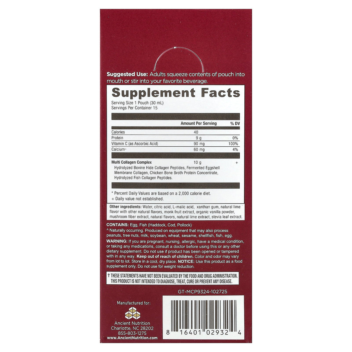 Ancient Nutrition, Multi Collagen Protein, Lime, 15 Gel Packs, 1 fl oz (30 ml) Each