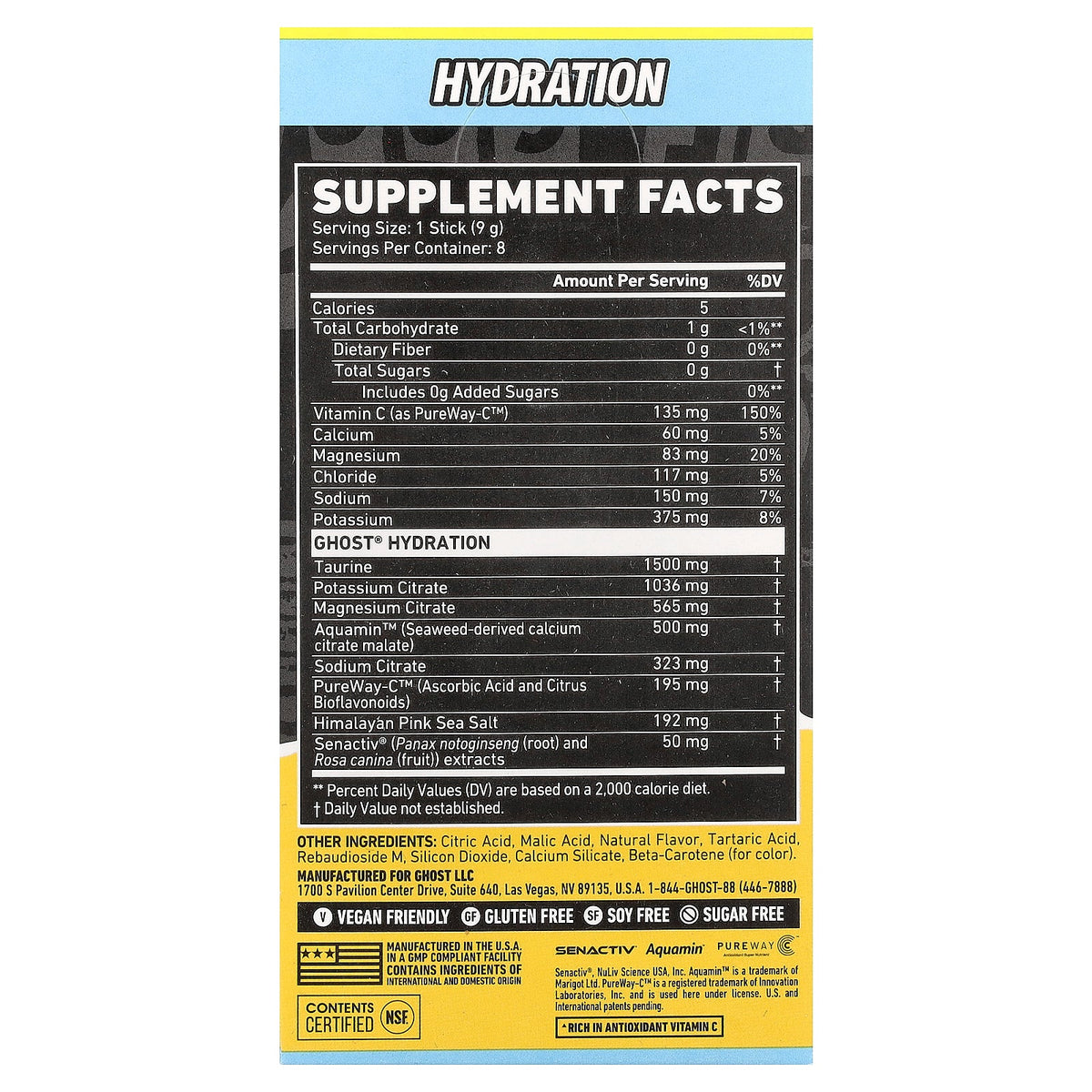 Ghost, Hydration Electrolytes+, Lemon Crush, 8 On-The-Go Sticks, 0.32 oz (9 g) Each