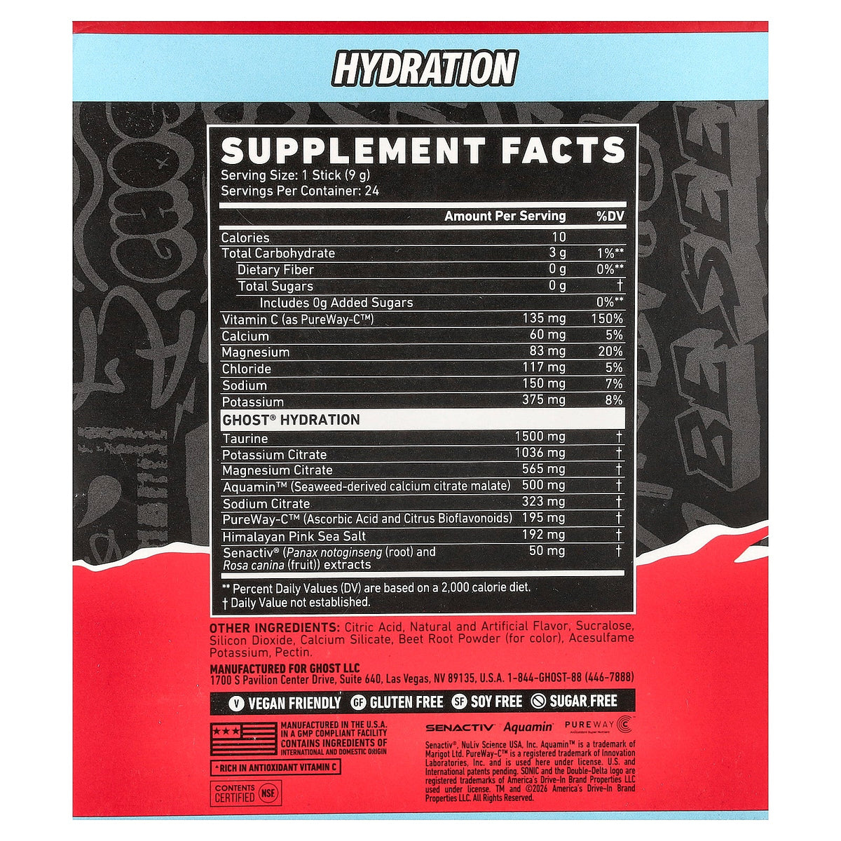 Ghost, Hydration Electrolytes+, Sonic® Cherry Limeade, 24 On-The-Go Sticks, 0.32 oz (9 g) Each