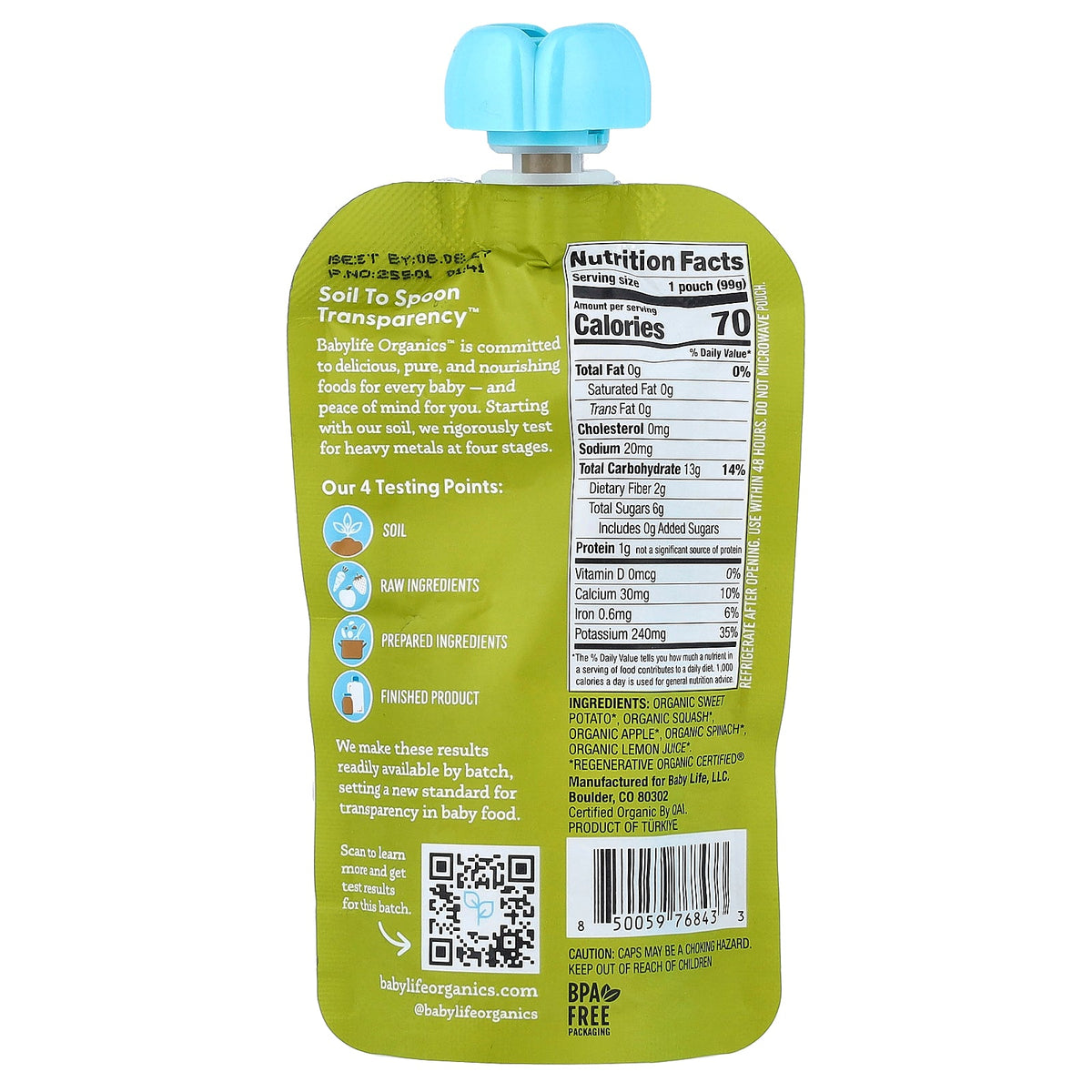 BabyLife Organics, Baby Food, 6+ Months, Sweet Potato, Squash, Apple & Spinach, 6 Pouches, 3.5 oz (99 g) Each