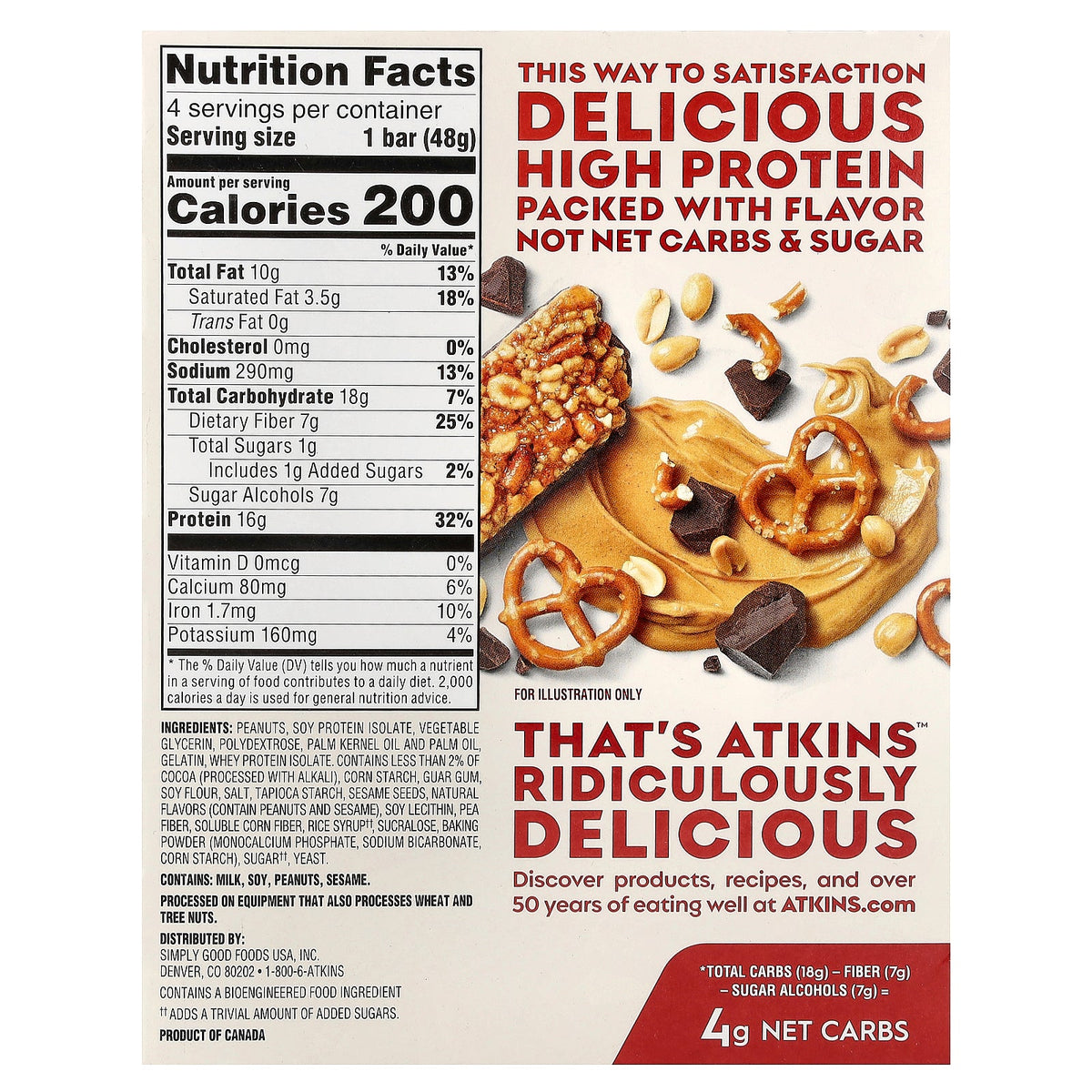Atkins, High Protein Bar, Chocolate Peanut Butter Pretzel, 4 Bars, 1.69 oz (48 g) Each