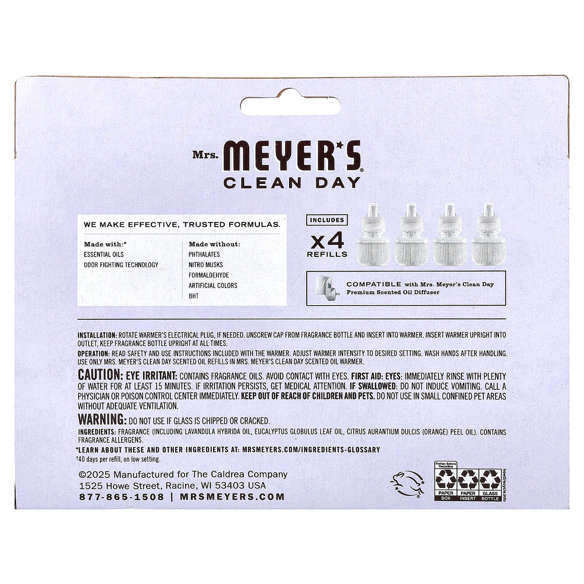 Mrs. Meyers Clean Day, Scented Oil Refills, Lavender, 4 Refills, 0.67 fl oz (20 ml) Each