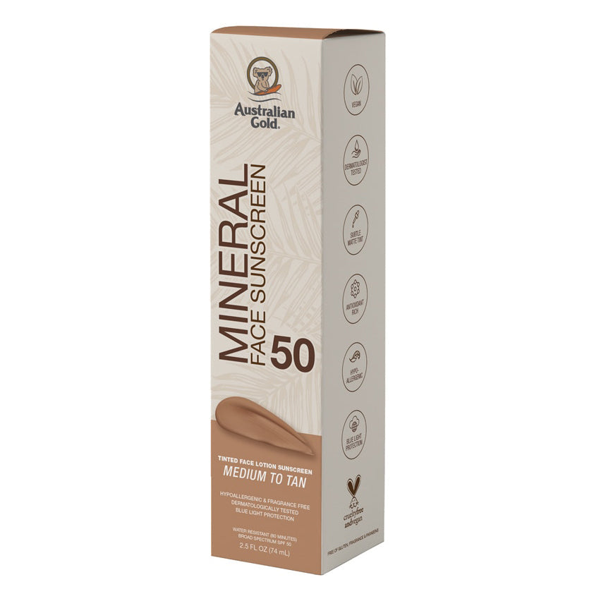 Australian Gold, Mineral Tinted Face Lotion Sunscreen, SPF 50, Medium to Tan, 2.5 fl oz (74 ml)
