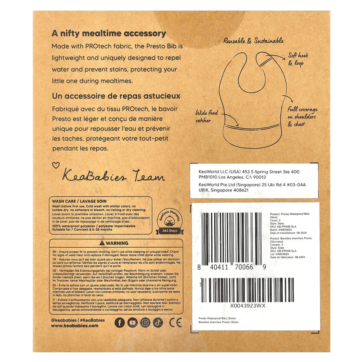 KeaBabies, Presto Waterproof Bibs, 6-36 Months, Slate, 3 Pack