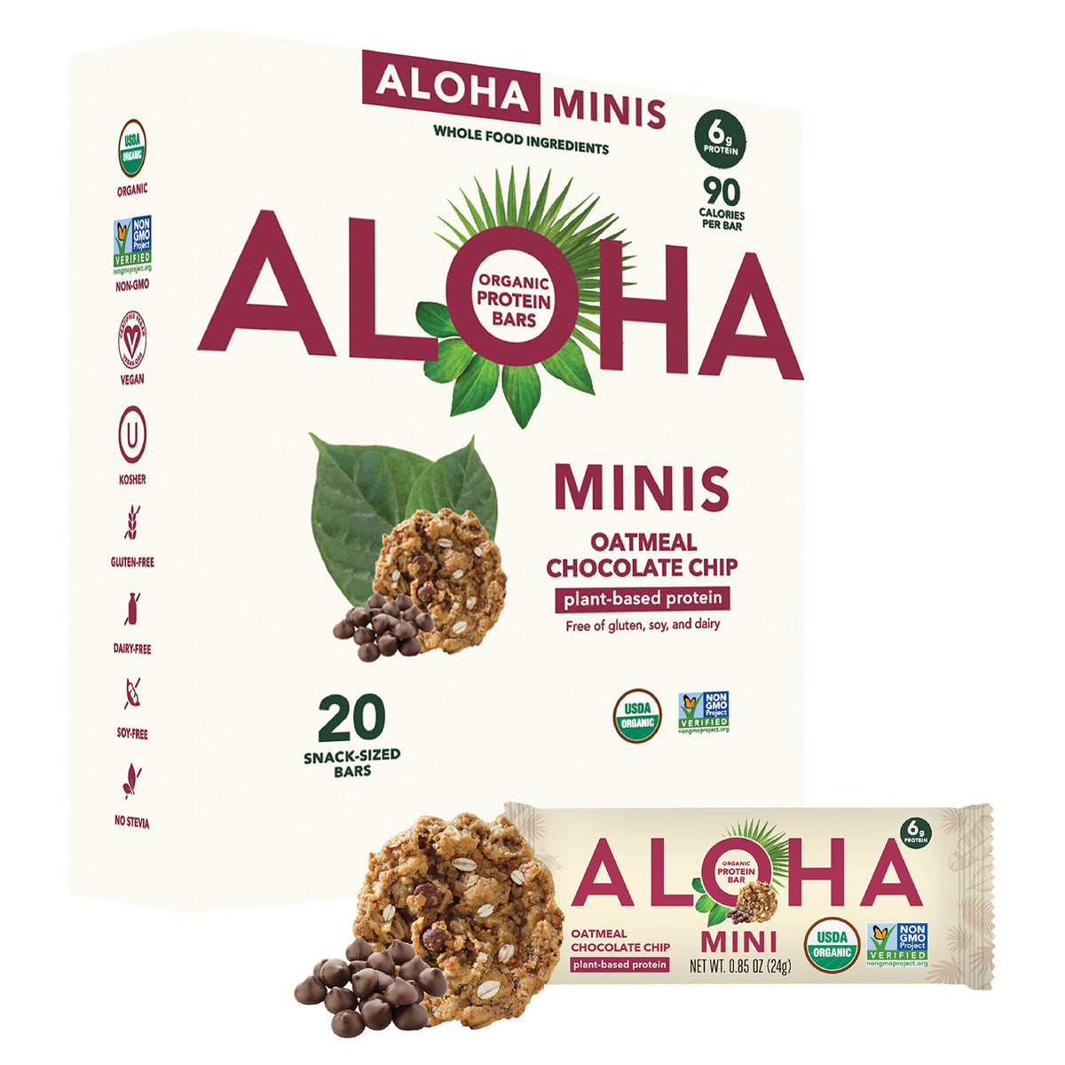Aloha, Organic Protein Mini Bars, Oatmeal Chocolate Chip, 20 Bars, 0.85 oz (24 g) Each